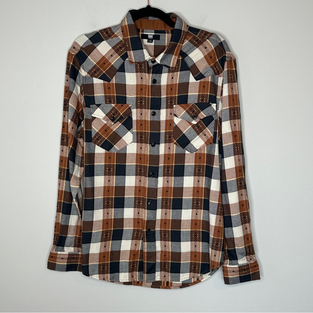 Frye Men's Brown and Blue Plaid Casual Button Down Shirt